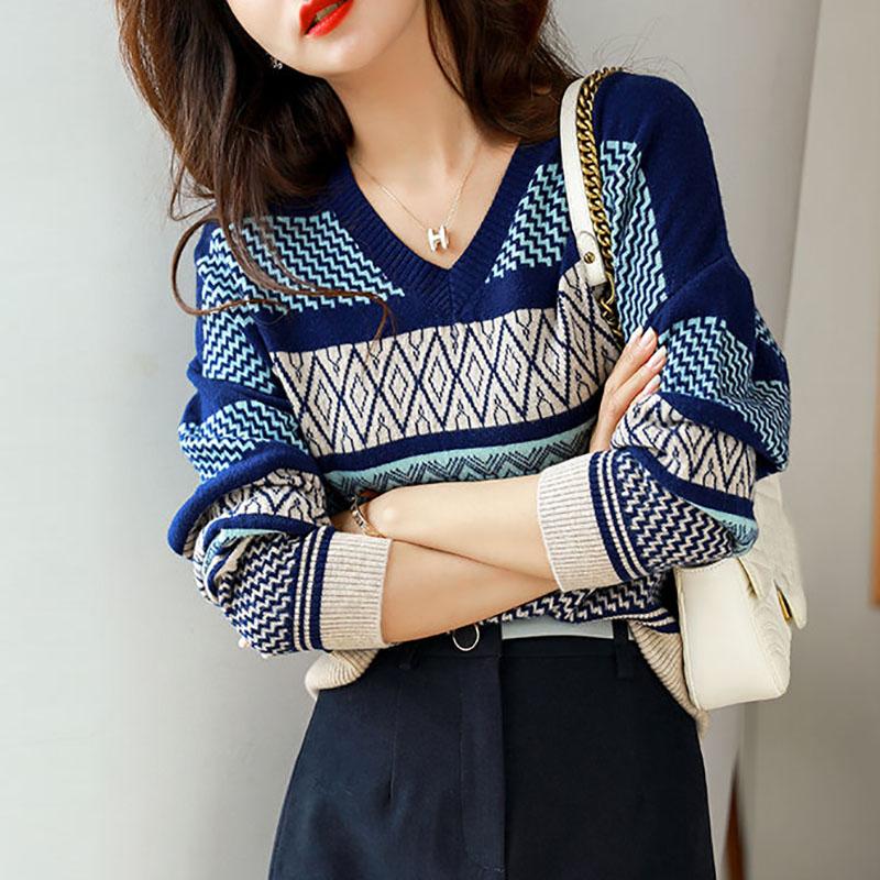 Sweater Women Stitching Printing V-neck Pullover Knitwear Korean Loose Fluffy Top Striped Sweater Autumn and Winter Fashion