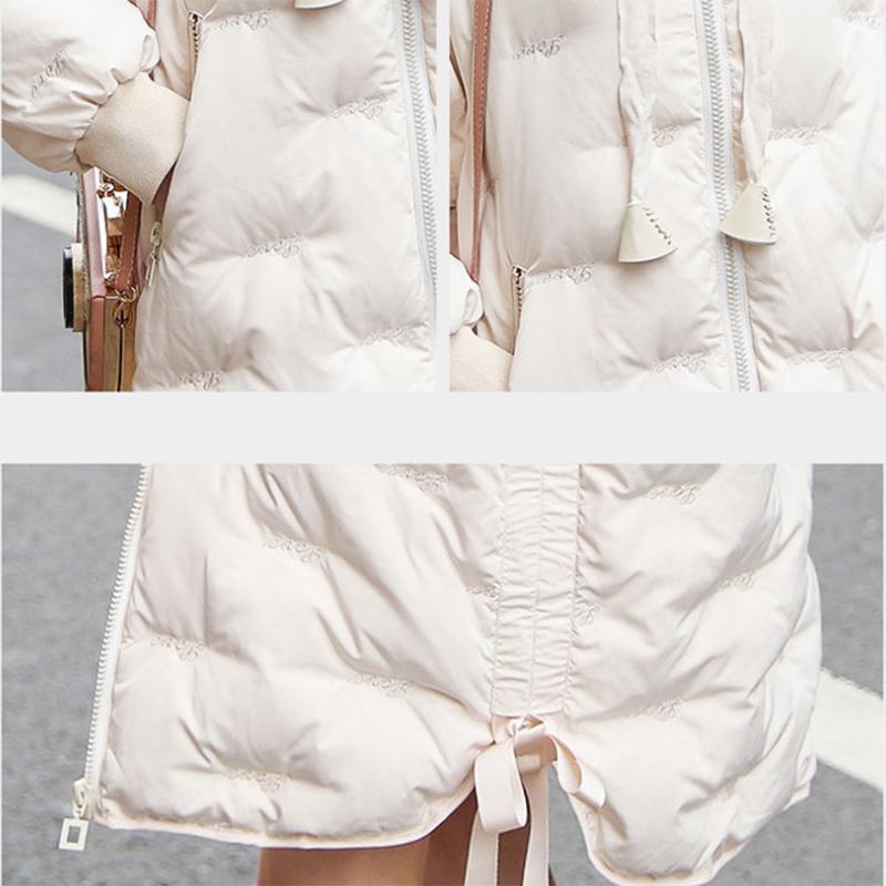 Women's Solid Color Embroidered Down Jacket Mid-length Korean Style Loose Thick Coat Warm Cotton Coat Large Fur Collar Winter Quilted Jacket