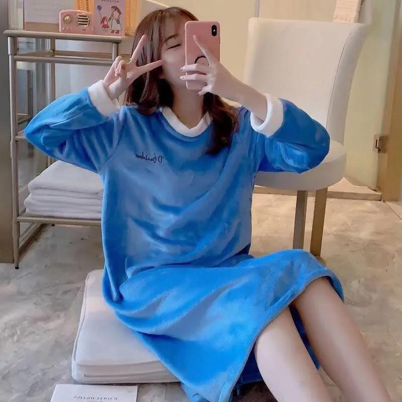 Women's Autumn Winter Flannel Thickened Pajamas Dresses Plus Size Loose Nightdress Simple Warm Homewear Solid Color Embroidered Nightdress