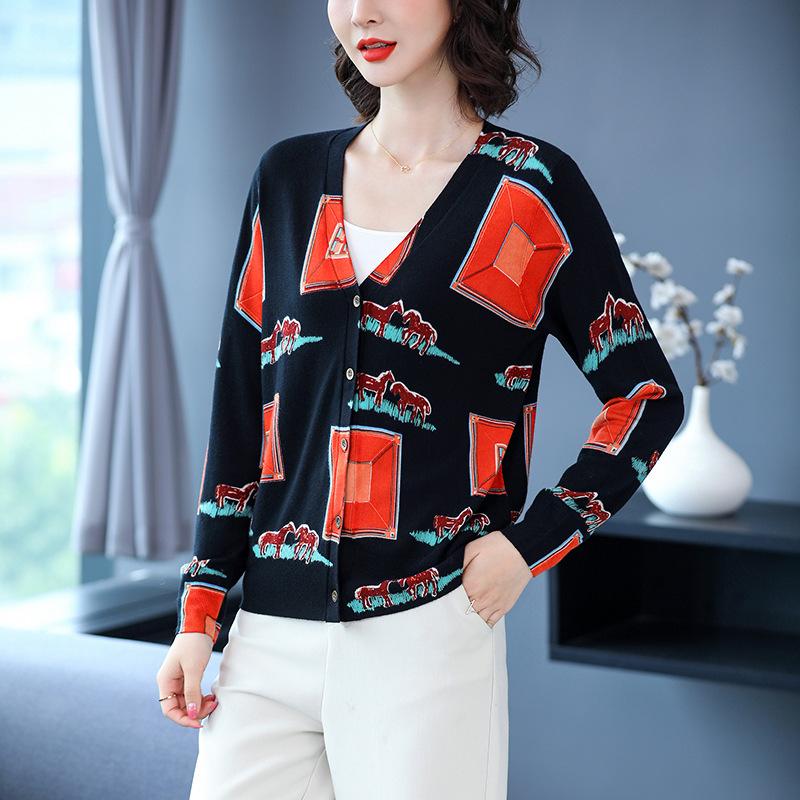 Autumn Winter Ladies Wool Cardigan  Single-breasted 3D Printing Cardigan Coat