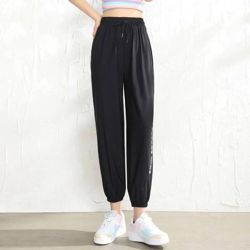Summer Thin Letter Printing Ice Silk Casual Pants Women Loose and Thin Waist Nine-point Black Harlan Sweatpants