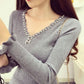 Autumn and Winter V-neck Knitted Bottoming Shirt Sweet Style Wood Ear Tight-fitting Sweater Beaded All-match Female Top