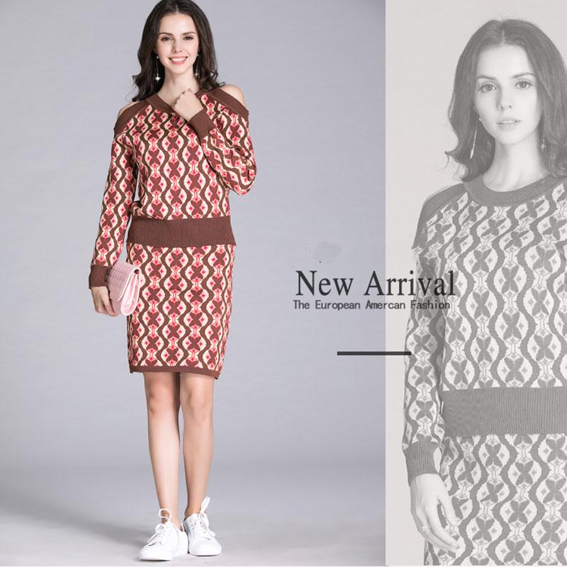 Women's Sweater Skirt Set Vintage Printed Off-shoulder Knitted Sweater Top and Bodycon Knitted Skirt Two-piece Set Female Outfits