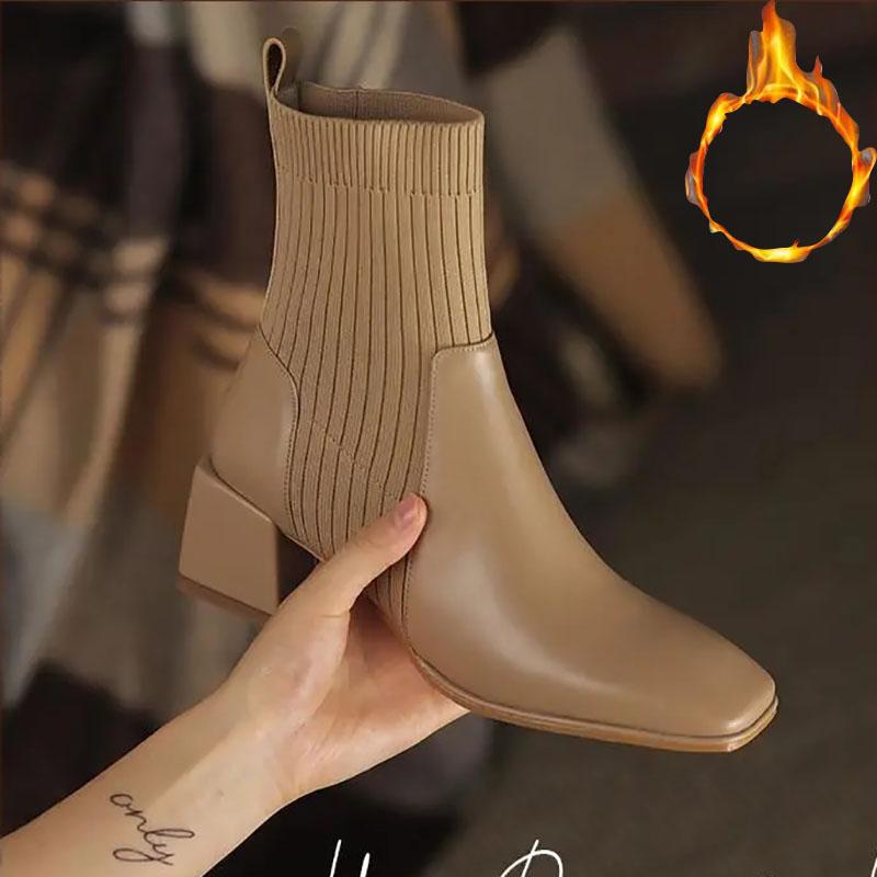 Chelsea Boots Martin Boots Women Autumn and Winter Elastic Boots Leather Snow Boots Plus Velvet Cotton Boots Winter Boots
