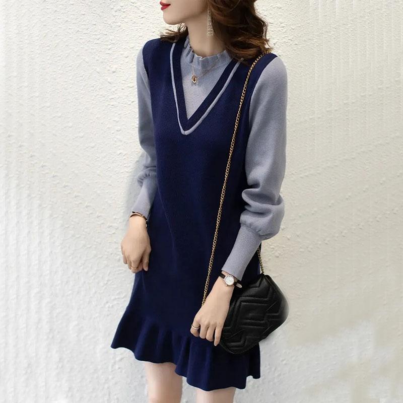 Sweater Dress Women's Ruffle Fake Two-piece Splicing Pullover Knitwear Korean Lady Style Dress Trendy Sweater Autumn and Winter