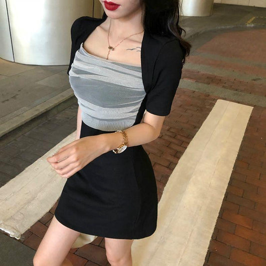 Female Summer Vintage High Waist Evening Party Dress Elegant Slim Gauze Short Club Streetwear Dress