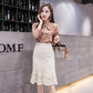Spring Summer Women Lace Skirts Fashion Solid Casual Mesh Tulle Skirt Hollow Out Short Pencil Elegant Elastic Black/Apricot Skirt