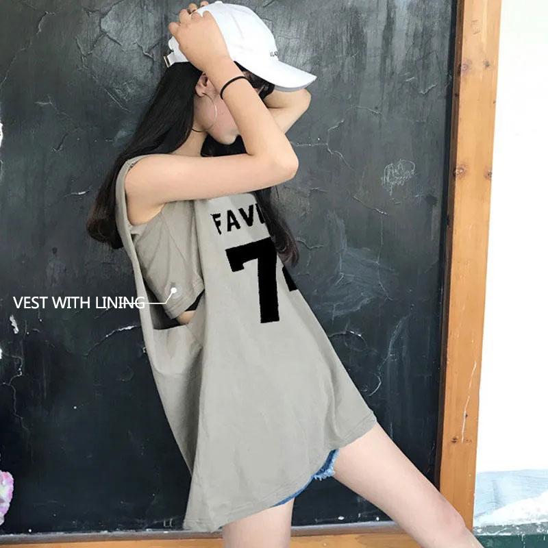 Women's Mid-length Fake Two-piece Sleeveless T-shirt Summer Loose Retro Outer Wear Vest Ins Anti-show Top Clothes Fitness Jogging Vest