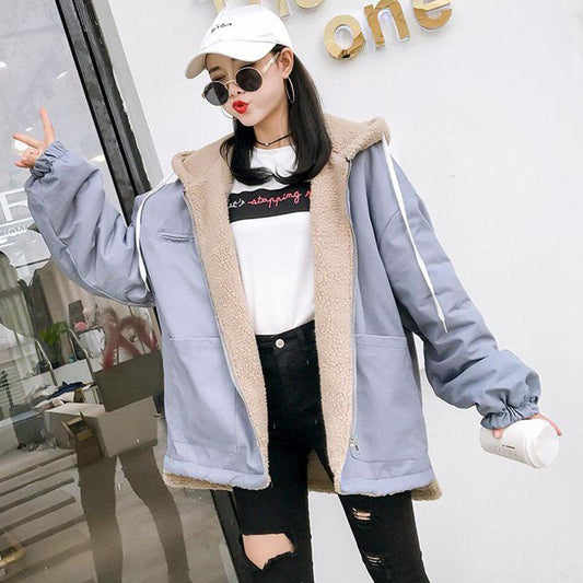 Autumn and Winter Imitation Lamb Wool Jacket Korean Loose Thick Cotton Hooded Casual Female Jacket