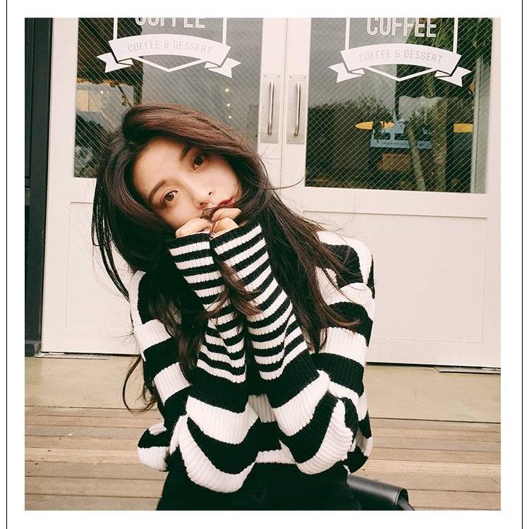 Turtleneck Bottoming Shirt Long-sleeved Slim Pullover Black and White Striped Short Sweater