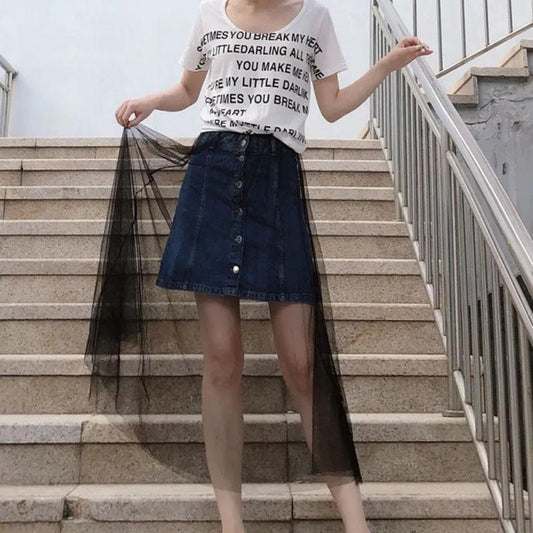 Women Skirts Summer Casual A-line Mesh Skirt Solid Color Long Skirts Elastic High Waist Skirt Loose Gauze Skirt
