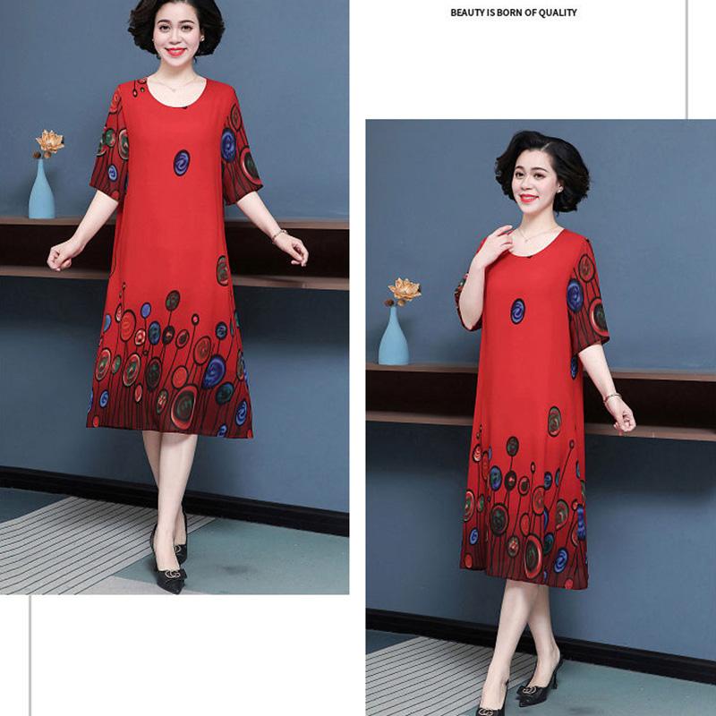 Summer Chiffon Dress Mid-length Plus Size Printing Over The Knee Round Neck Pockets Are Comfortable and Cool