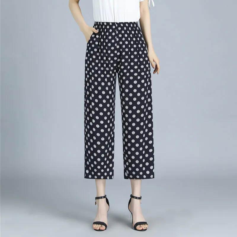 Women's Pants Summer Thin Cotton Silk Nine-point Pants Elastic Waist Casual Straight Eight-point Pants Comfortable Loose Breathable Trousers