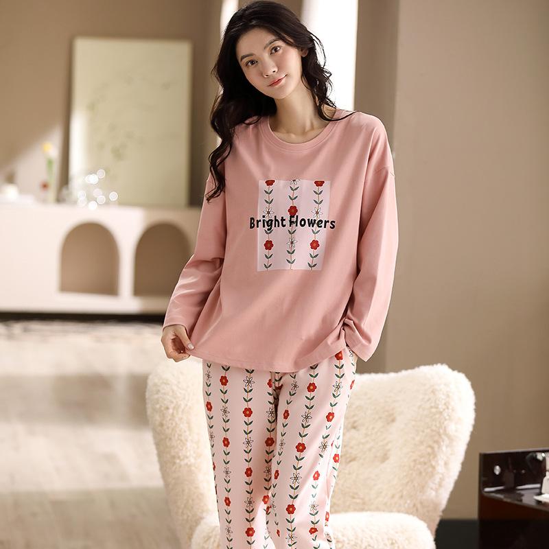 Women's Pajamas Suit Cotton Long Sleeve Home Wear Casual Loose Sleepwear Autumn Winter Female Pyjamas Tops and Pants Sets Cute Pullover