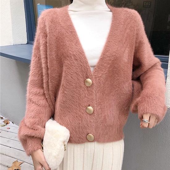6 Colors Women Faux Mink Cashmere Lazy Loose Sweater Knitted V-neck Cardigan Button Coat