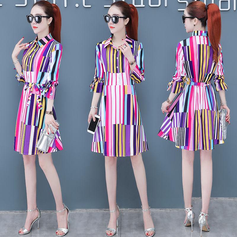 Spring Autumn Plus Size Shirt Dress Slim Mid-length Print Shirt Dress OL Casual A-line Dress with Belt