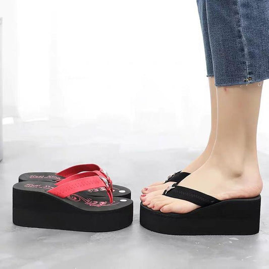 Thick-soled Flip-flops Women's Summer Home Non-slip Outer Wear High-heel Sandals and Slippers Rubber Soles Are Light and Soft