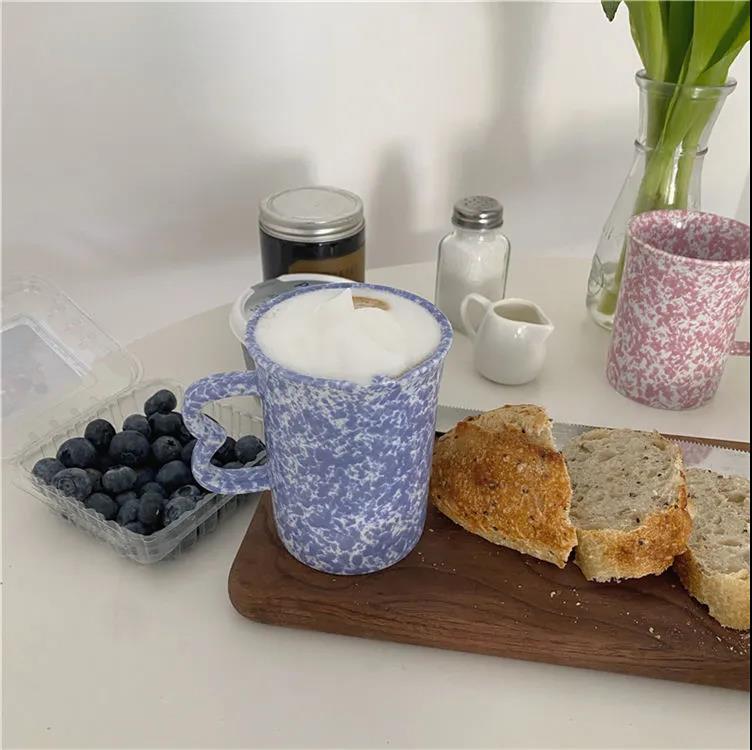 French Ins Retro Niche Yellow Powder Blue Splash Ink Mug Japanese and Korean Girls Ceramic Water Cup Coffee Cup Handle Cup