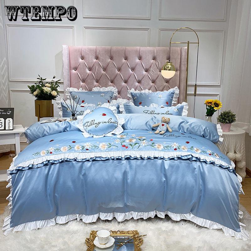4PCS Set Bed Pillowcase King Queen Twin Size Cotton Bed Sheet Diamond Blue Queen King Size Bedspread