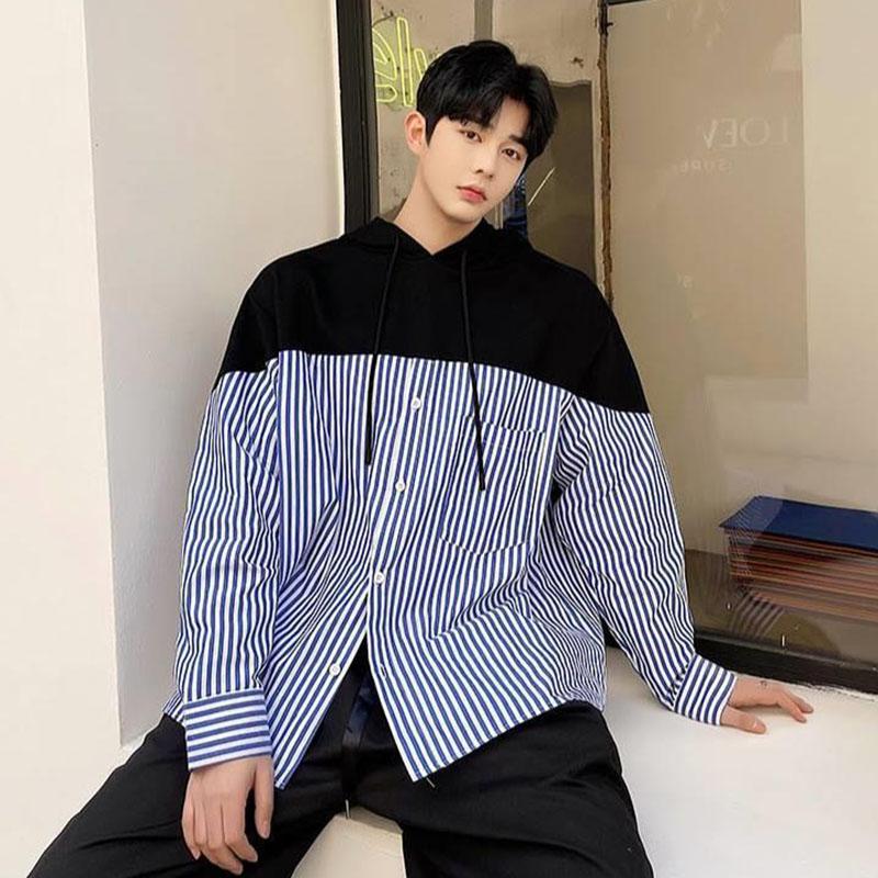 Spring and Autumn Sweater Men's Hong Kong Style Loose Casual Long Sleeve Cardigan Trend Student Versatile Striped Hooded Jacket