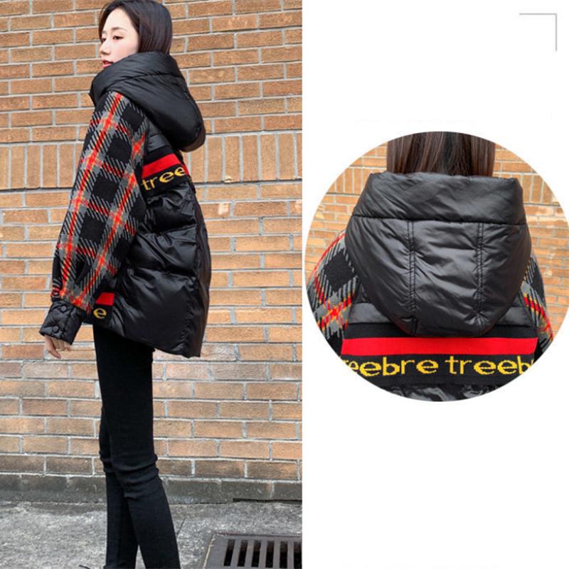 Women's Plaid Print Short Down Jacket Winter Korean Loose Quilted Jacket Casual Warm Hooded Down Jacket