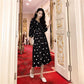 Black and White Point High Waist Temperament Was Thin V-neck Long Section Split Chiffon Dress