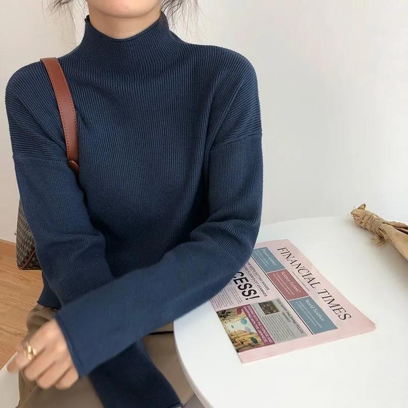Autumn Winter Modal Cotton Pullover Women's Loose Half Turtleneck Sweater Fashion Curled Long Sleeve Knitwear