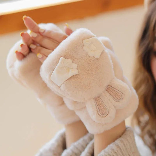 Student Cute Rabbit Flip Open Finger Plush Plus Velvet Gloves Korean Warm Cute Girl Gloves Winter