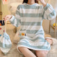 Large Size Women's Winter Warm Coral Fleece Stripes Nightdress Cute Cartoon Printing Pyjama Plus Fat Oversize Long-sleeves Pajamas Flannel Home Wear