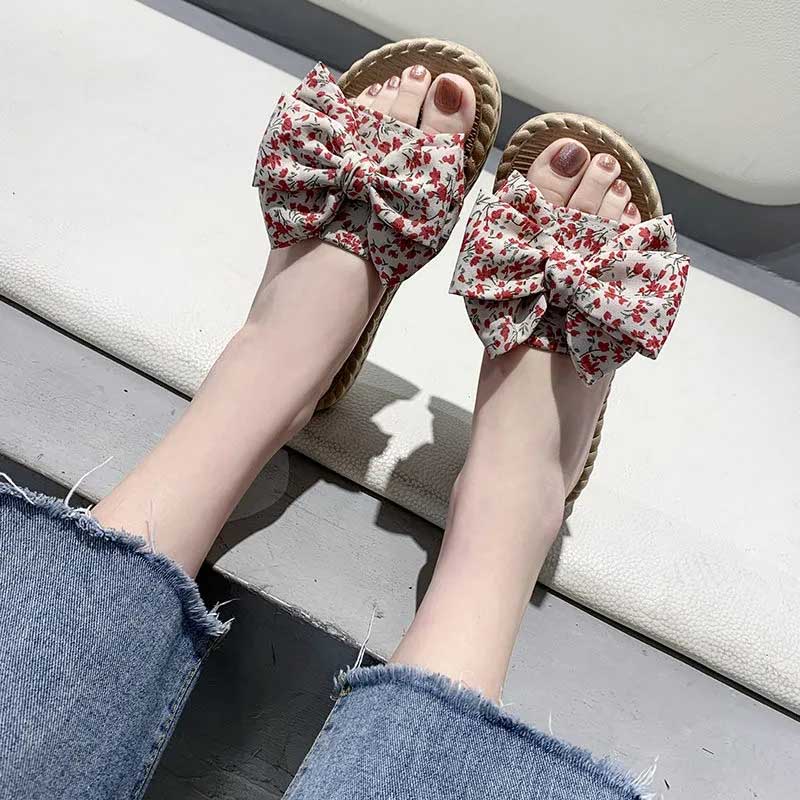 Slippers Women's Summer Bow Slippers All-match Non-slip Flat Bottom Beach Sandals
