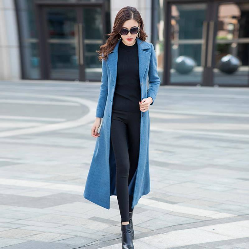 Long Woolen Coat Elegant Blue Wool Jacket with Belt Winter Warm Slim Overcoat Women Clothing