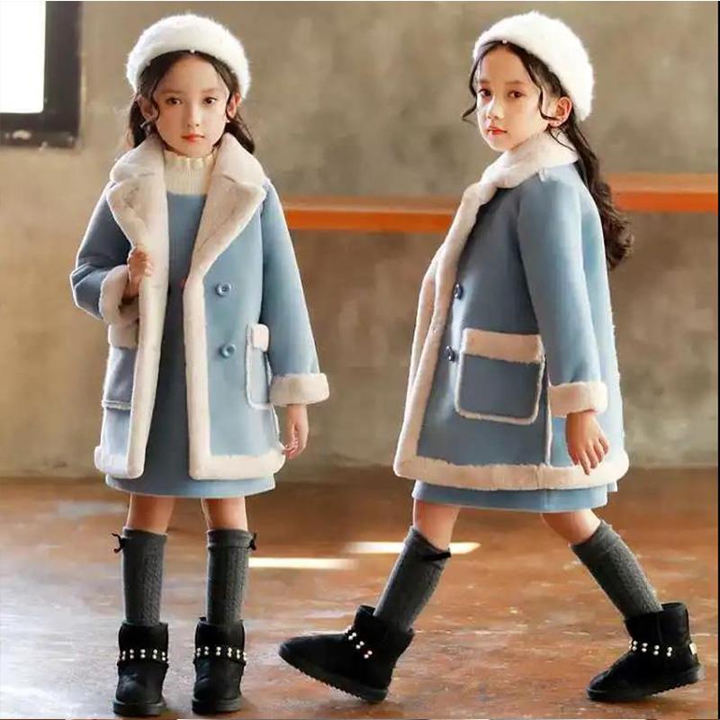 Girls' Winter Coats Big Children's Fur Girls Western Style Coats Mink Fleece Tops Woolen and Velvet Thick Solid Color Cotton Jackets