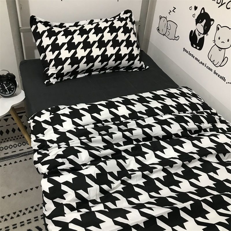 Nordic Simple Check Stripe Bed Three-piece Quilt Cover Sheet Pillow Case Single Bed Set