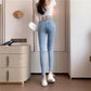 Women's High Waist Tight Elastic Pants Bag Hip Jeans Pencil Pants Students Slim and Tall Nine-point Pencil Pants