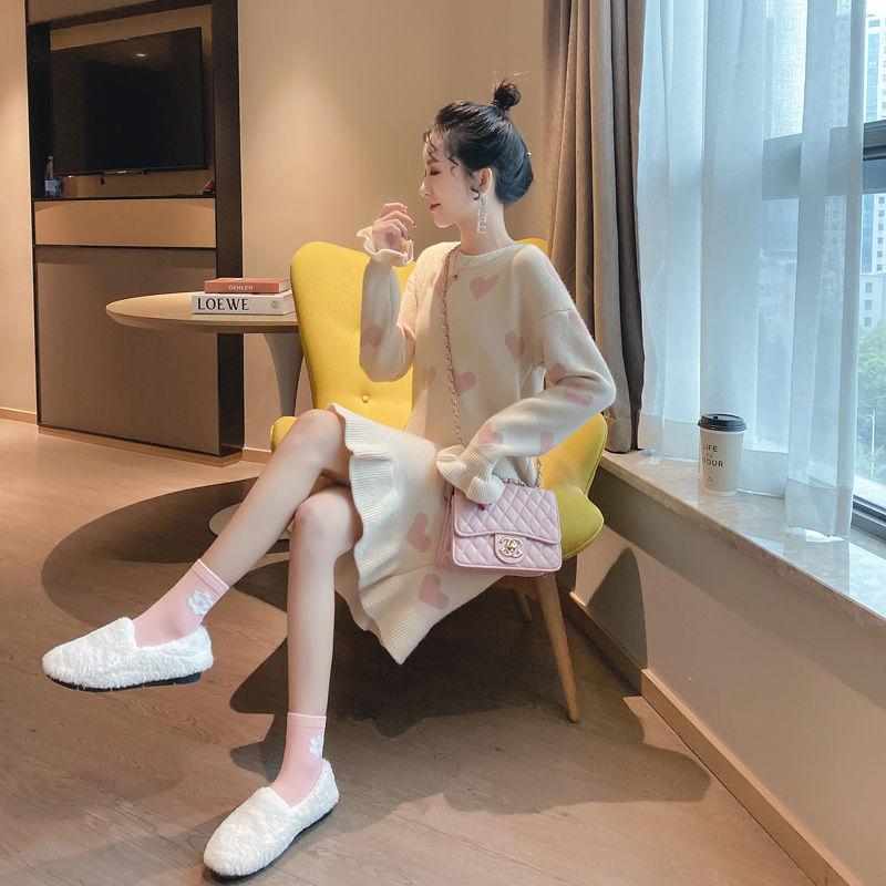 Autumn and Winter Loose Knit Dress Sweet Style Thick Mid-length Base Skirt Fashion Casual Women Sweater Dress