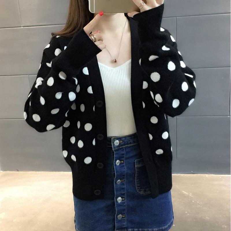 Polka Dot Short Knit Top Loose College Style V-neck Sweater Fashion Casual Jacket Women