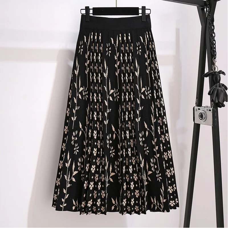 Women's Autumn and Winter Mid-length Fashion High-waist A-line Skirt Pleated Floral Skirt Skirt Over The Knee Knitted Skirt
