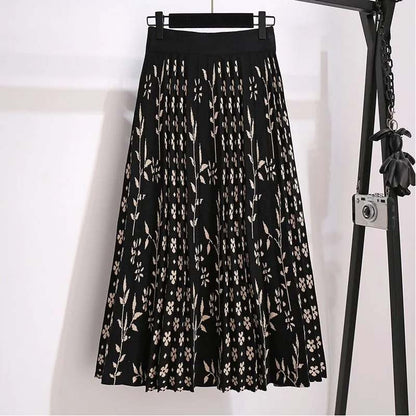 Women's Autumn and Winter Mid-length Fashion High-waist A-line Skirt Pleated Floral Skirt Skirt Over The Knee Knitted Skirt