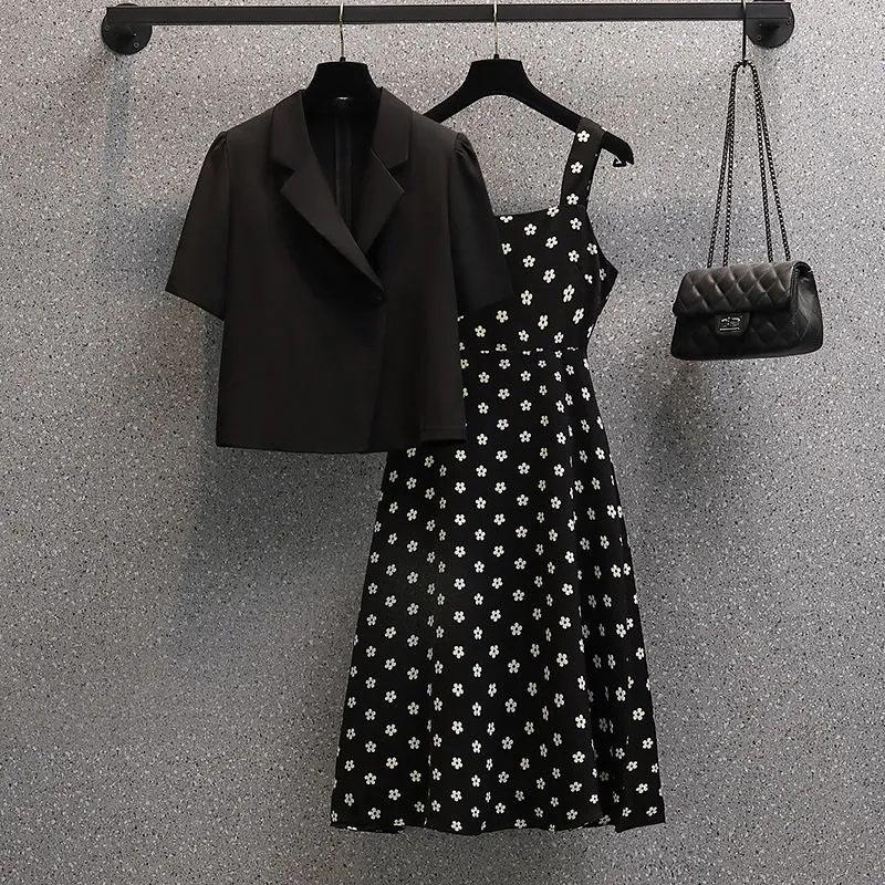 Plus Size Women's Short Sleeve Dress Set Women Summer Suit Floral Dress Suspender Blazer Two Pieces Sling Leopard Print Floral Top Skirt Set