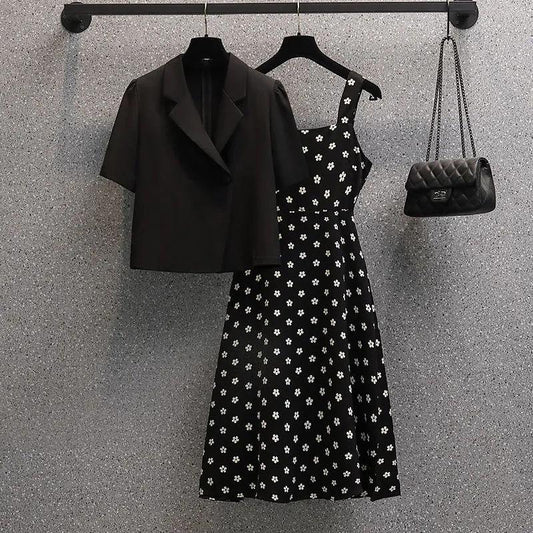 Plus Size Women's Short Sleeve Dress Set Women Summer Suit Floral Dress Suspender Blazer Two Pieces Sling Leopard Print Floral Top Skirt Set