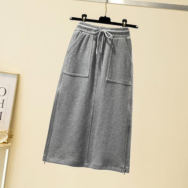 Side Slit Zipper Women Large Size Cotton Skirt with Elastic Waist A-line Skirt with Long Solid Color Sport Style