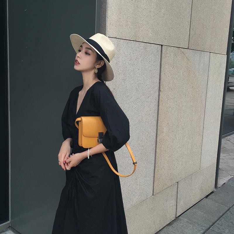 Elegant Chic Summer Drawstring V-Neck Women Pleated Retro Solid Short Sleeve Sexy Ladies Long Dress
