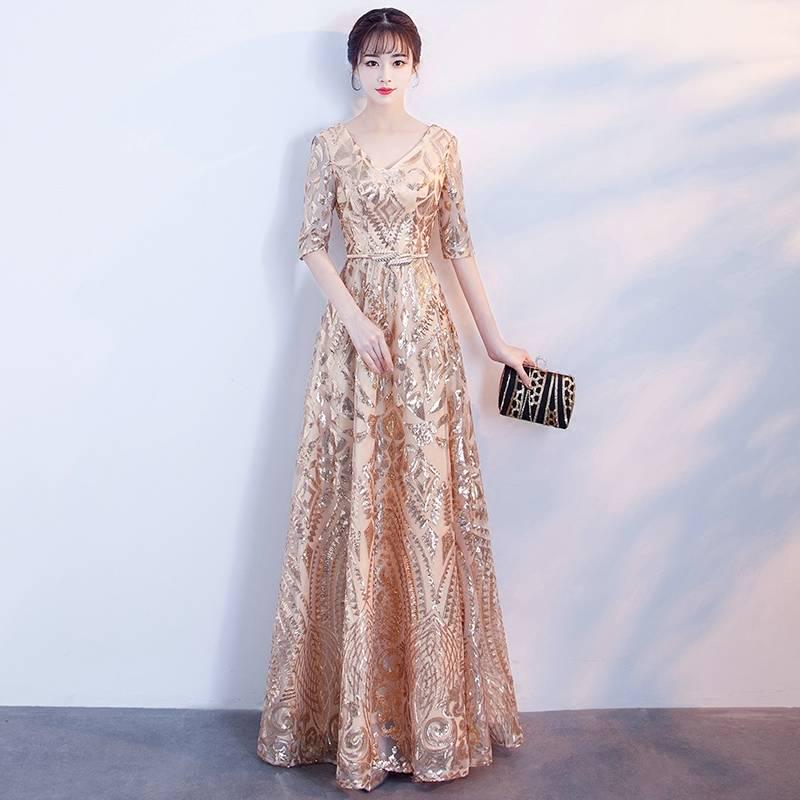 Banquet Evening Dress Noble Gold Sequins Dinner Host Dress Female Annual Chairman Section Was Thin