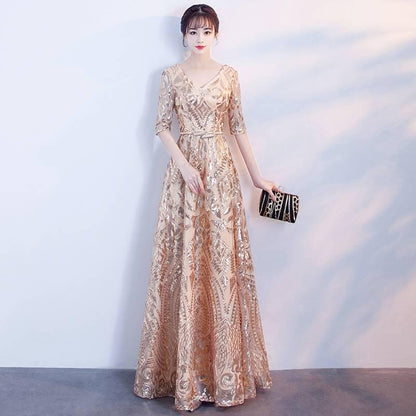 Banquet Evening Dress Noble Gold Sequins Dinner Host Dress Female Annual Chairman Section Was Thin