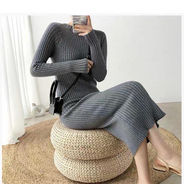 Autumn Winter Half-high Collar Knitted Dress Women's Mid-length Knee-length Hip Skirt