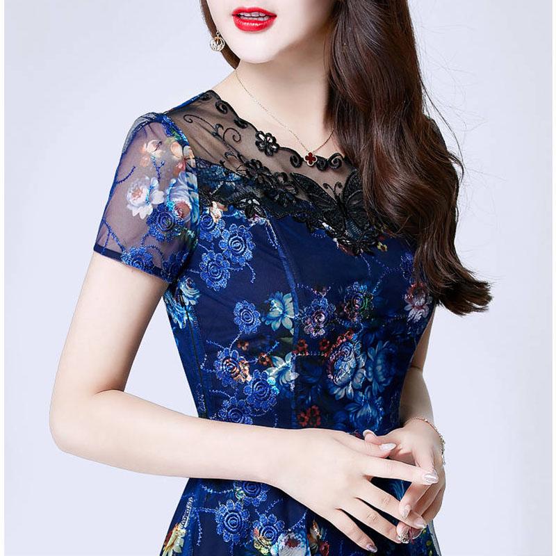 Fashion Summer Embroidered Dress Midi Embroidery Mesh Lace Dress Short Sleeve Party Dress