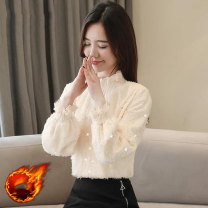 Lace Plus Velvet Padded Bottoming Shirt Women's Chiffon Shirt Flocking Sexy Killing Blouse