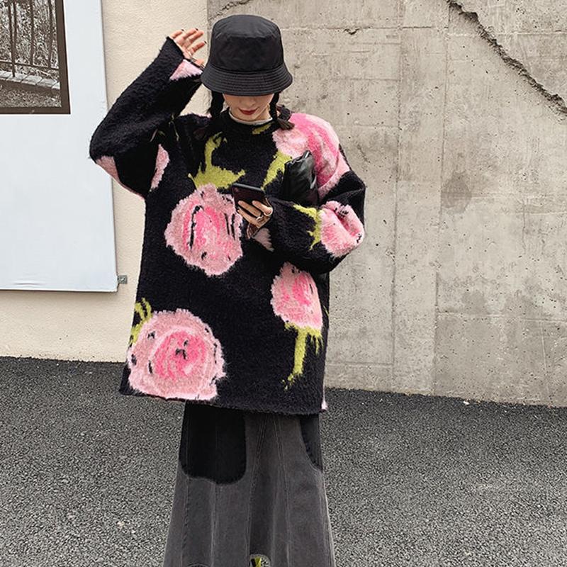 Women's Sweater Loose Outer Wear Autumn  Winter Casual Retro Jacquard Mid-length Pullover Knit Top