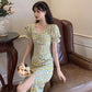 Women's Summer Long Dress Puff Sleeve Floral V-Neck Dress