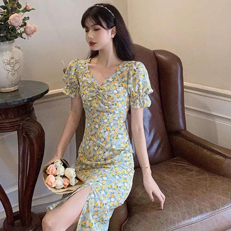 Women's Summer Long Dress Puff Sleeve Floral V-Neck Dress
